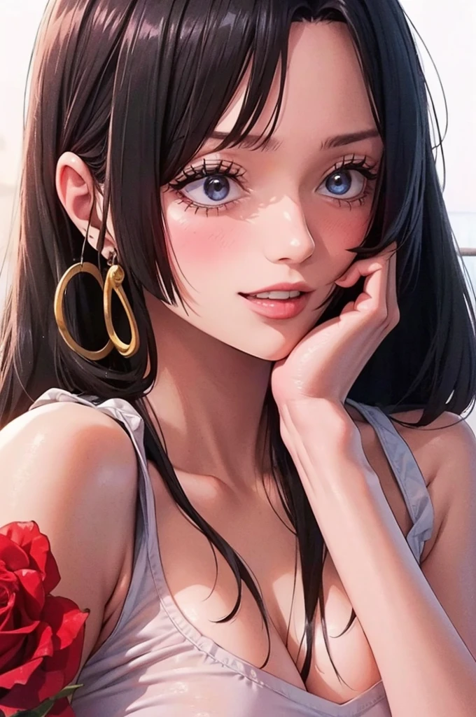 tmasterpiece， Best quality at best， beautidful eyes，Black pupils，Be red in the face，Black color hair，（black-skinned）Black skin， 1girll， 独奏，white camisole，cleavage，（The shoulder straps slip off：1.5）， with short white hair，Off-the-shoulder attire，Insufficient tailoring， Hair is more than one eye，sea beach，The skin is translucent，Close-up shot，ssmile，looks into camera，Close up，Translucent red lips