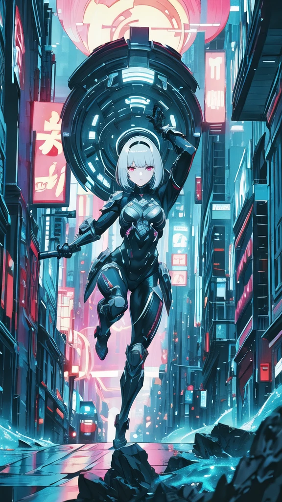  Wearing a Black Machine in a Cyberpunk Suit 、 Beautiful Detailed Silver-Haired Girl , Headband, Bob Haircut,  Extremely Detailed Eyes and Lips ,  very detailed face ,  Jumping towards the Camera with a Sword ,  action scene, slim, graceful,   for perfect proportions, Assassin,  Intricate Digital Animation Art , 8k wallpaper, masterpiece, Best Quality,  high definition, Super detailed,  photorealistic , Complex lighting, Spectacle,  Bouncing Towards the Camera , Dazzling Sword Attack , Mysterious Aura,bark