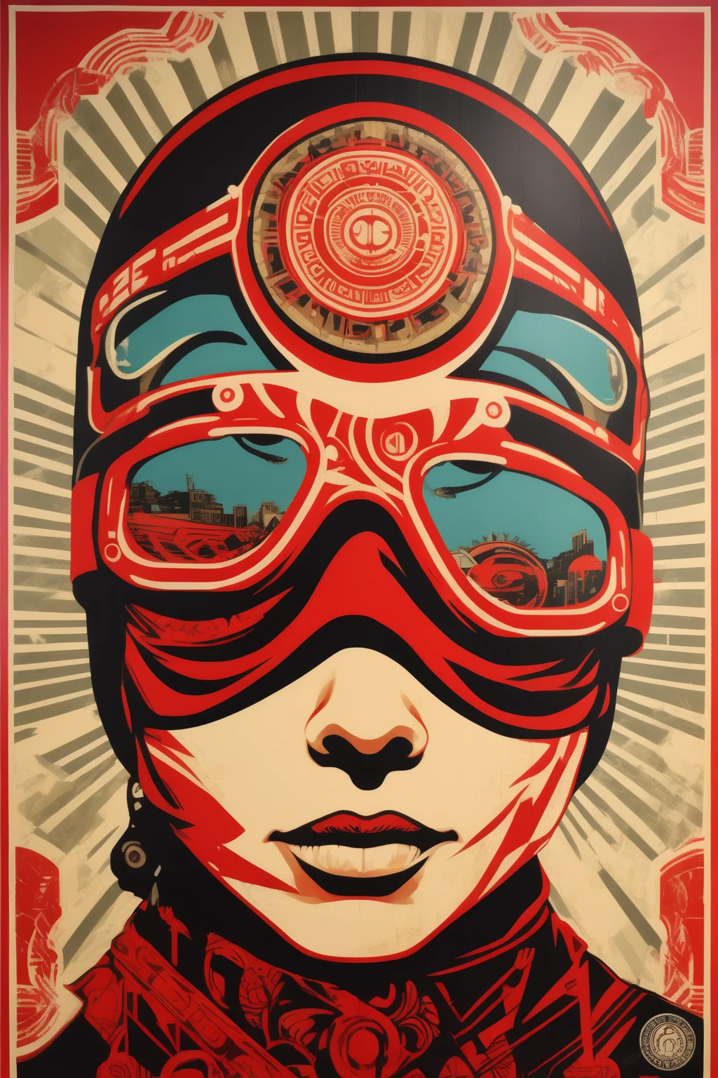 Shepard Fairey Style - Shepard Fairey (Obey Giant) inspired series of large-scale murals that celebrate cultural diversity and promote unity,wearing motocross goggles and helmet  using bold colors, geometric patterns, and powerful symbolism to convey messages of inclusivity and social justice.