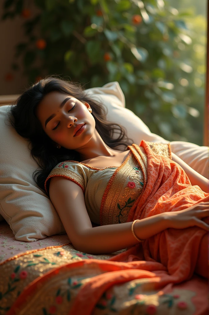 Beautiful sleeping saree bad mom
