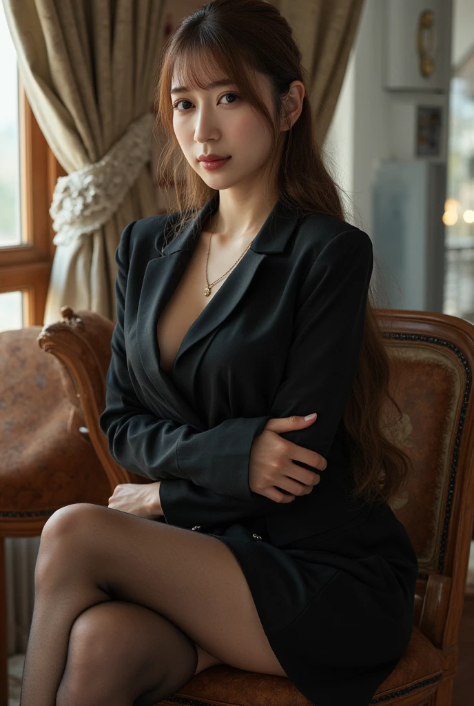 Office Lady、suit、skirt、Japanese、young slender woman、cute、Beauty、1、sexy、hot and taking off her stockings、(best quality,4K,8k,highres,masterpiece:1.2),ultra-detailed,(realistic,photorealistic,photo-realistic:1.37),HDR,uhd,studio lighting,ultra-fine painting,sharp focus,physically-based rendering,extreme detail description,professional,vivid colors,bokeh,cinematic lighting,dramatic shadow,