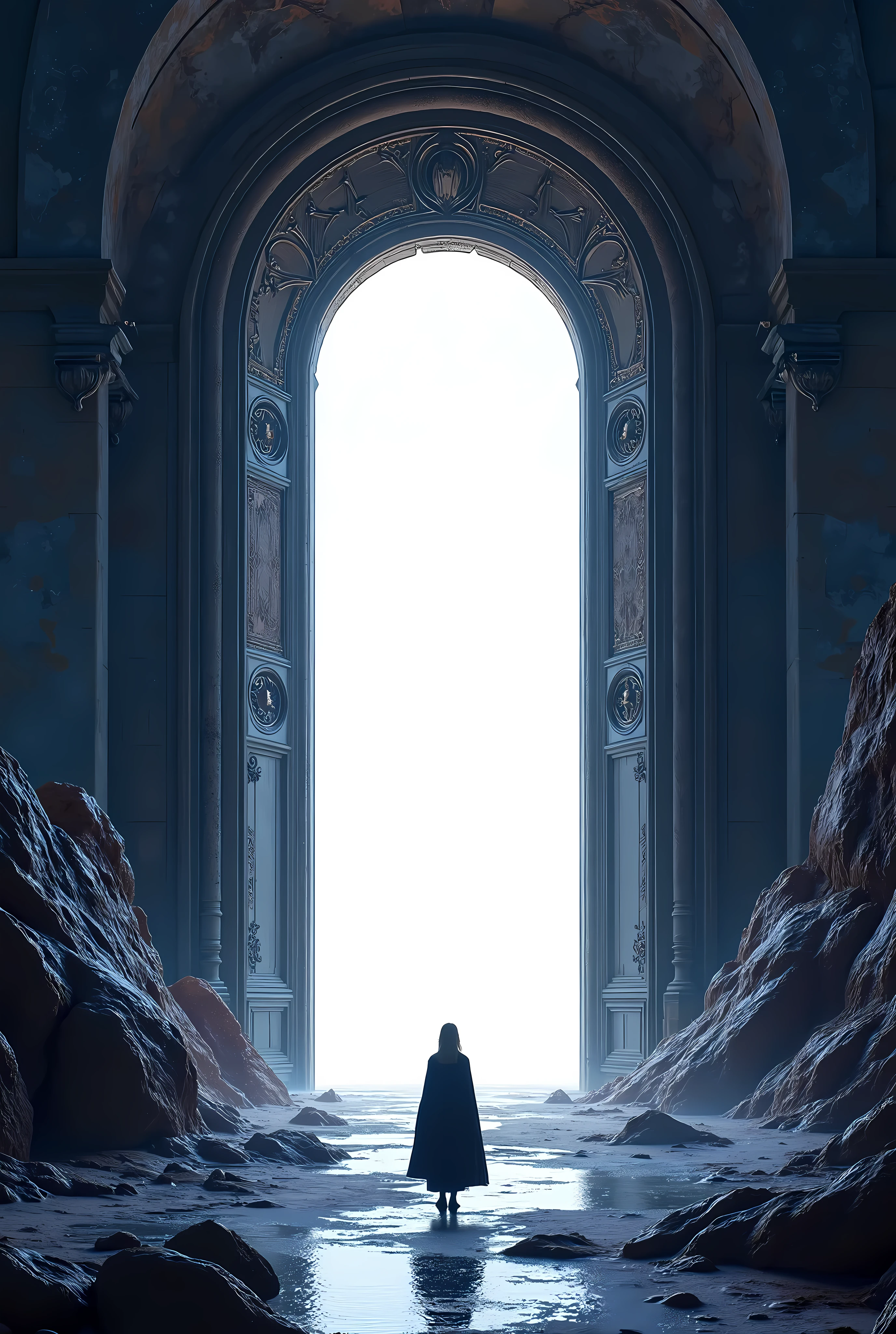 A mysterious portal, an ajar door leading to a vast, white dimensional space, dark background with a gradient conveying a sense of depth, simple abstract art, antique gothic style, mystical, cpc, arw