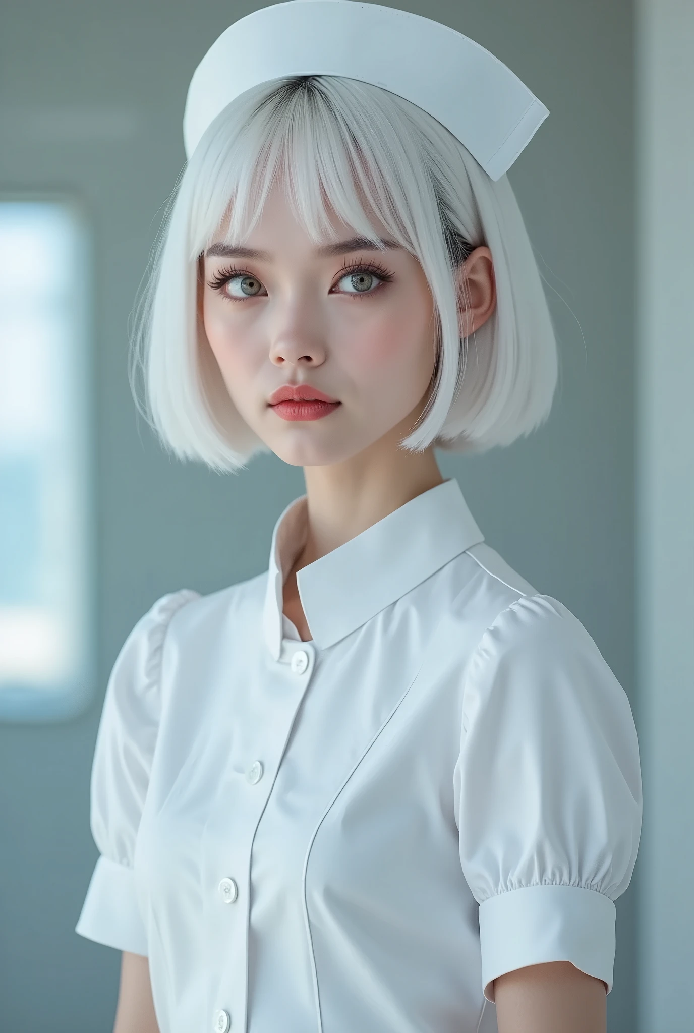 HD Photography， beautiful girl with short white hair，simulation，Straight bangs，Nurse