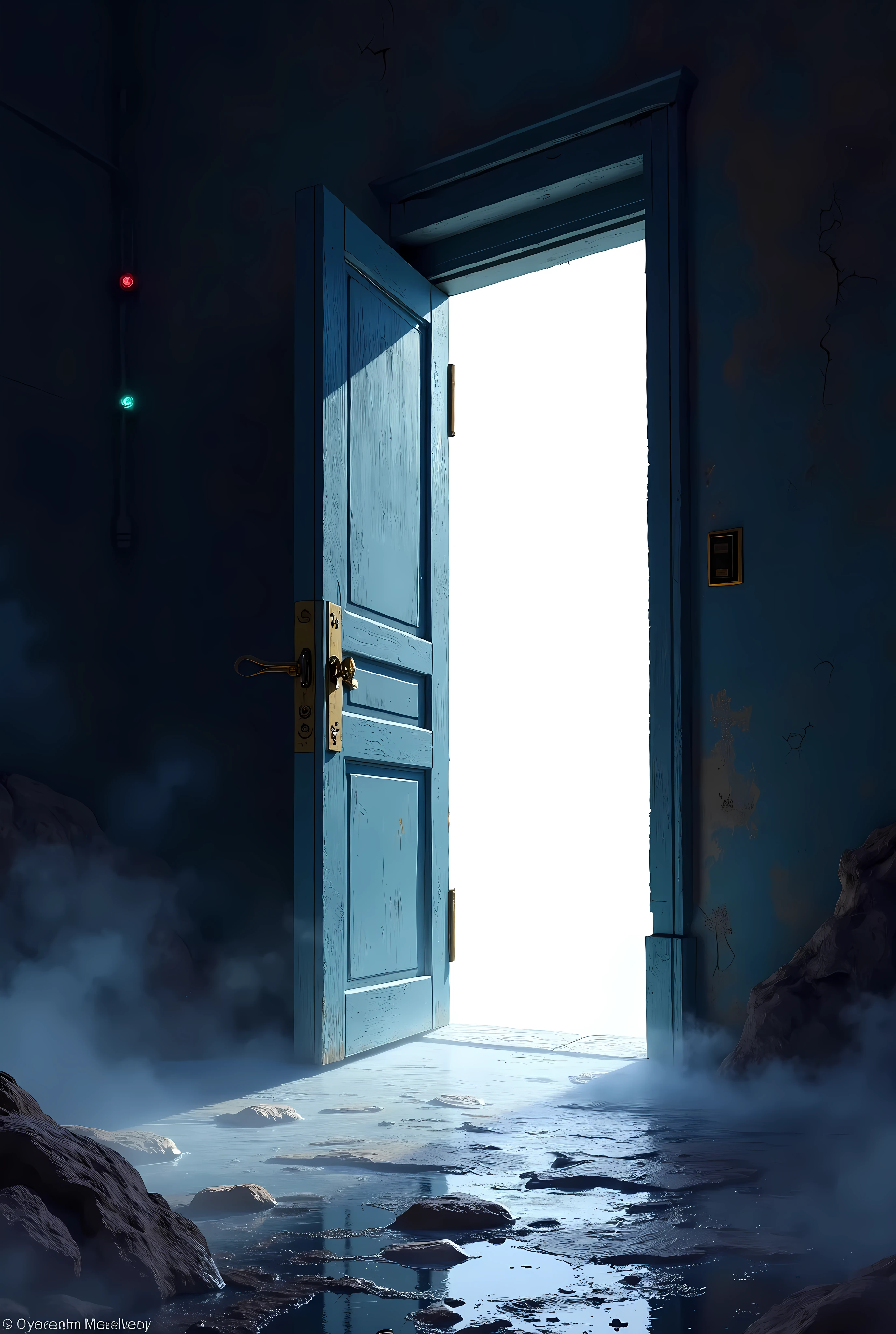 Entrance to another dimension, A door that almost opens , The effect that opens the door ,  The tip of the door is a pure white space ,  creates a sense of depth , Pitch black background,  gradation that expresses stagnation,  simple art , CPC, ROUGH, 