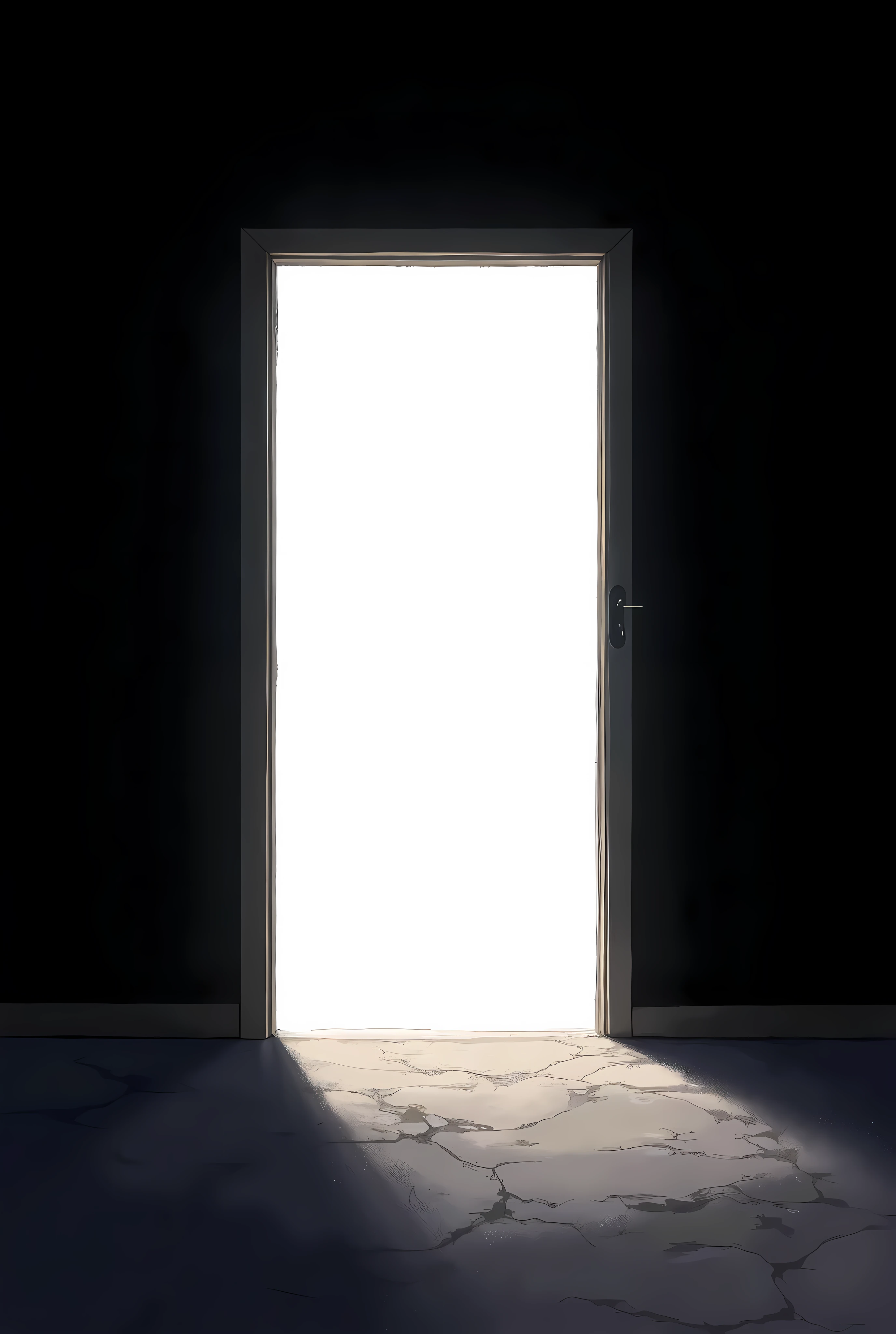 A mysterious portal, an ajar door leading to a vast, white dimensional space, dark background with a gradient conveying a sense of depth, simple abstract art, antique gothic style, mystical, cpc, arw