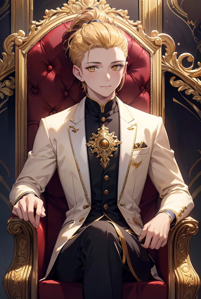 With short golden hair,The hair is on the back,Eyes jewel colored,There is still hatred in his eyes,Wearing a white suit is very elegant,The boy sitting on the throne, covered in blood and full of hatred