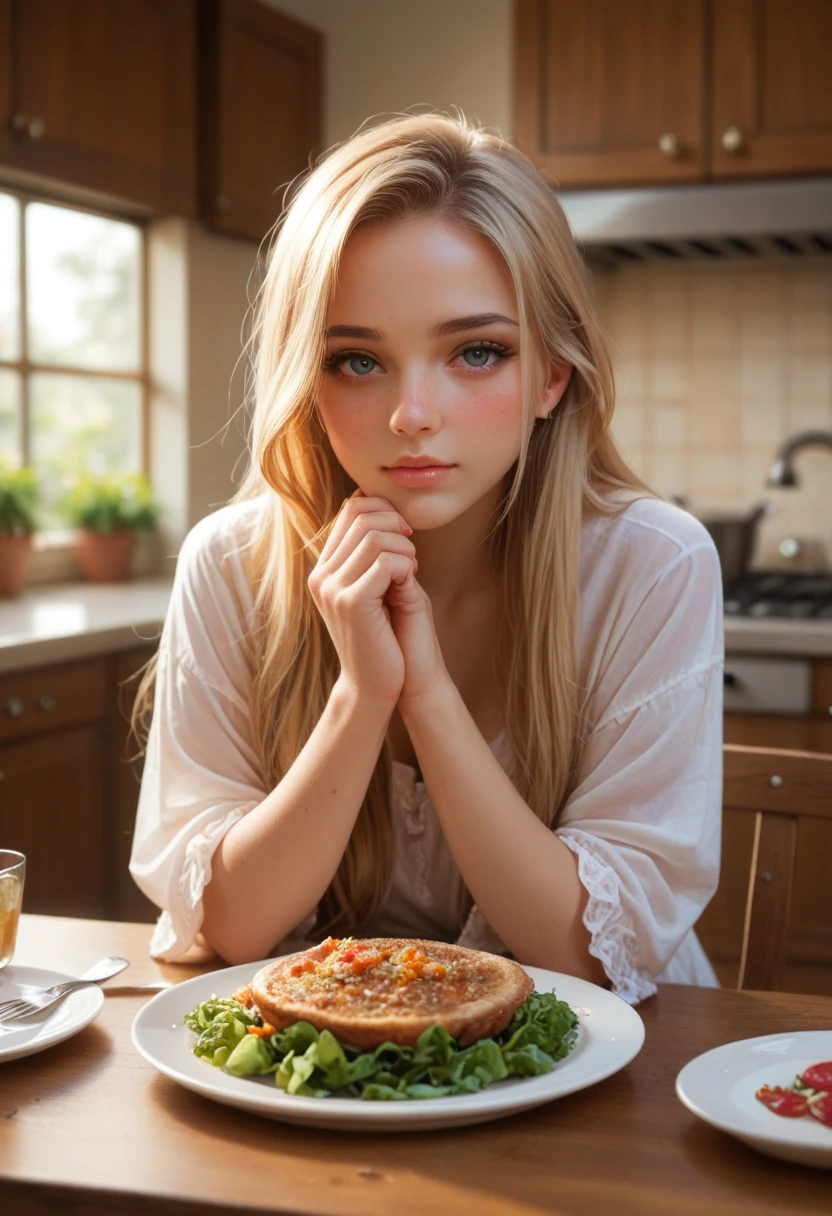 Highres, detailed, Cartoon, Maplef0x, pretty girl, pale_skin, straight long hair, 1girl, beautiful, nose_blush, kitchen, dinner, at table, cozy warm outfit,pretty, blonde, looking_at_viewer, bokeh, hot body