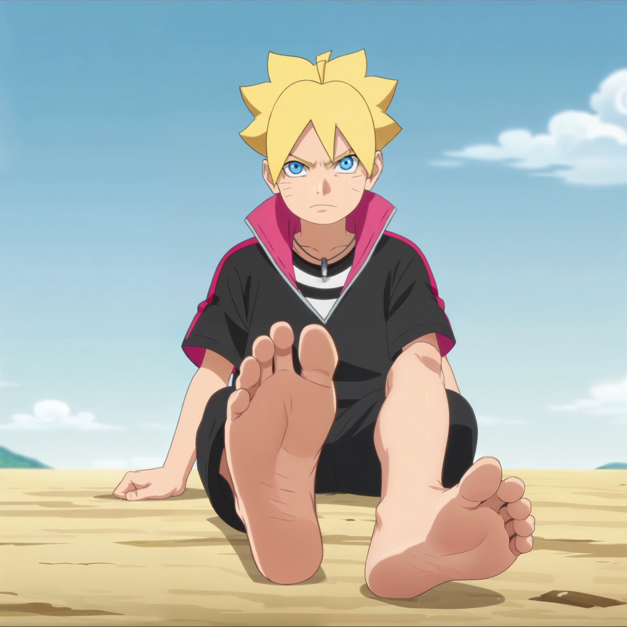 score_9, score_8_up, source_anime,
1boy, Boruto Uzumaki, spiky blonde hair, blue eyes, black hoodie, dark pants, short sleeves, clenched hands, alone, looking at viewer, confident expression, cowboy shot, ANIME SCREENCAP, anime coloring, in a training area, sitting on the ground, barefoot, perfect feet, anatomically correct, soles, low angle, focal length 35mm, each foot has five toes, front, symmetrical soles, foot focus