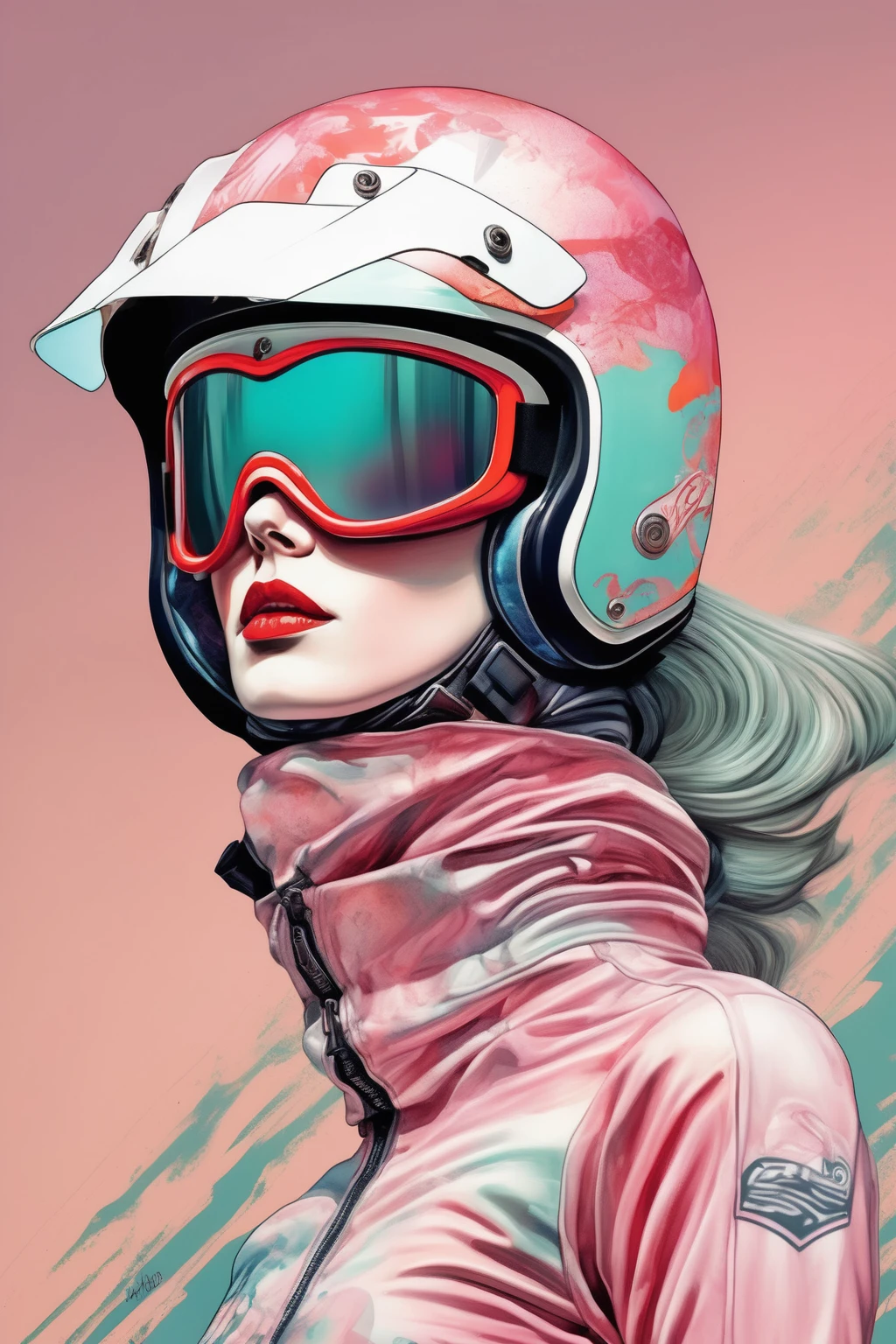 female figure, ,wearing helmet enduro,motocross ,blending abstract and realism, vintage ,silky eerie, matte painting, by Hannah Dale, by Harumi Hironaka, extremely soft colors, vibrant, pastel, highly detailed, digital artworkchiaroscuro technique on sensual illustration of an elegant woman,wearing motocross enduro goggles full body wild figure ,wearing jumpsuit
