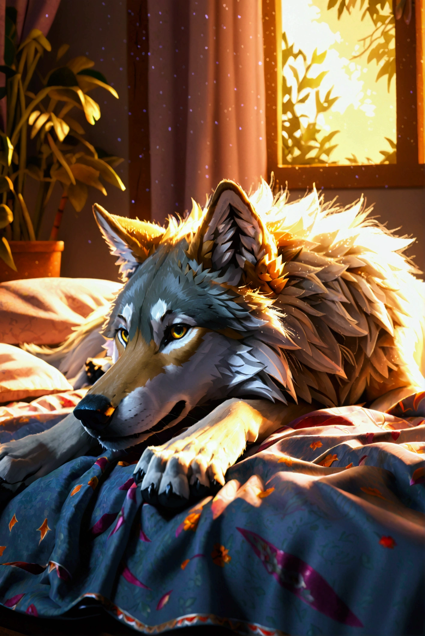 one wolf is laying on the bed in his bedroom.