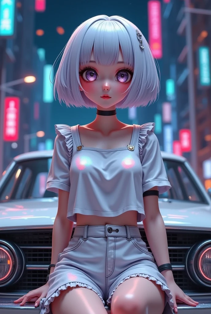 1 Girl，White short hair，Straight bangs，style of disney animation, the Full body 3dartwork of cute girl, beautiful face and eyesmechanical cute anime girl,She is wearingreflective summer clothing, She sat on the carfull body, random neon, at night, in future cityoackground,cyberpunk, fine luster. meticulousdetails,