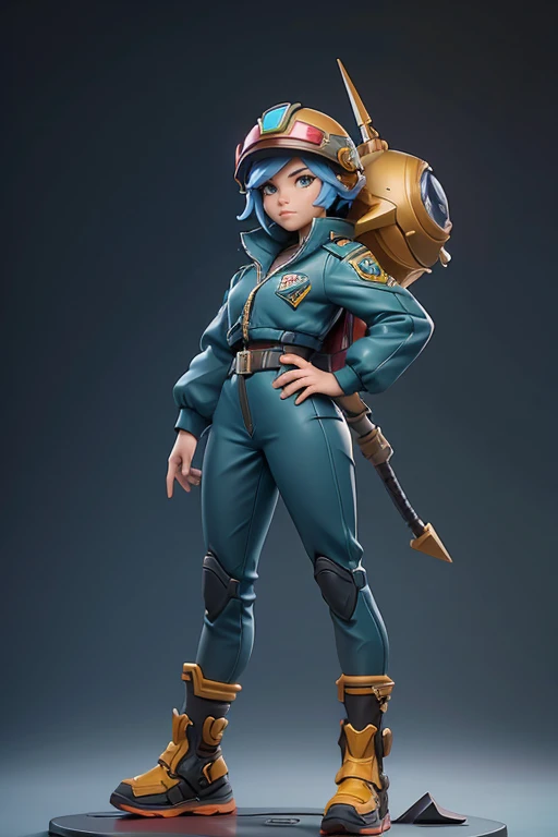 Q version of League of Legends Vi figure, wearing pilot suit and helmet, standing with one hand on hip and legs spread apart, full length view,