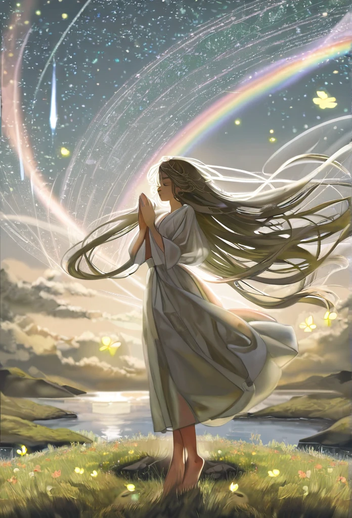 (
by yogisya, by Christine Ellger, by Yoshitaka Amano, by makoto shinkai, by Ilya Kuvshinov,
1girl, a young and beautiful female druid praying, dancing, super model, detailed face, closed eyes, detailed long hair, glow hair, transparent hair, floating hair, wind effect, perfect anatomy, barefoot,
from side,
Celtic Stone Circle, Celtic cross, Celtic stone, Celtic knots, Celtic spiral patterns, shamrock,
BREAK
twirl effects, ring effects, whirling, rainbow, green, gold, neon, ink, effects designed by Yoneyama Mai, shiny, sparkling, dimly luminous, realistic lighting, Enhanced Lighting Effects, transparent, rays, god rays,
majestic, mythical, [(details:1.2): [ (many small details:1.3) : [ (many ultrasmall details: 1.2):(very detailed ultrasmall edges and microrelief:1.5):0.7 ]: 0.4 ] :0.2],
Background:Irish landscape, coastline, cliffs, sea, horizon, ancient Celtic forest, moss carpet,  clear blue sky, starry sky, space, nebula, aurora, milky way, shooting star, deep,
[cel shading:realistic:0.6],
aesthetic, detailed, beautiful color, (amazing quality:1.5), best quality, high quality,
ral-cltc, escher, :1.2)