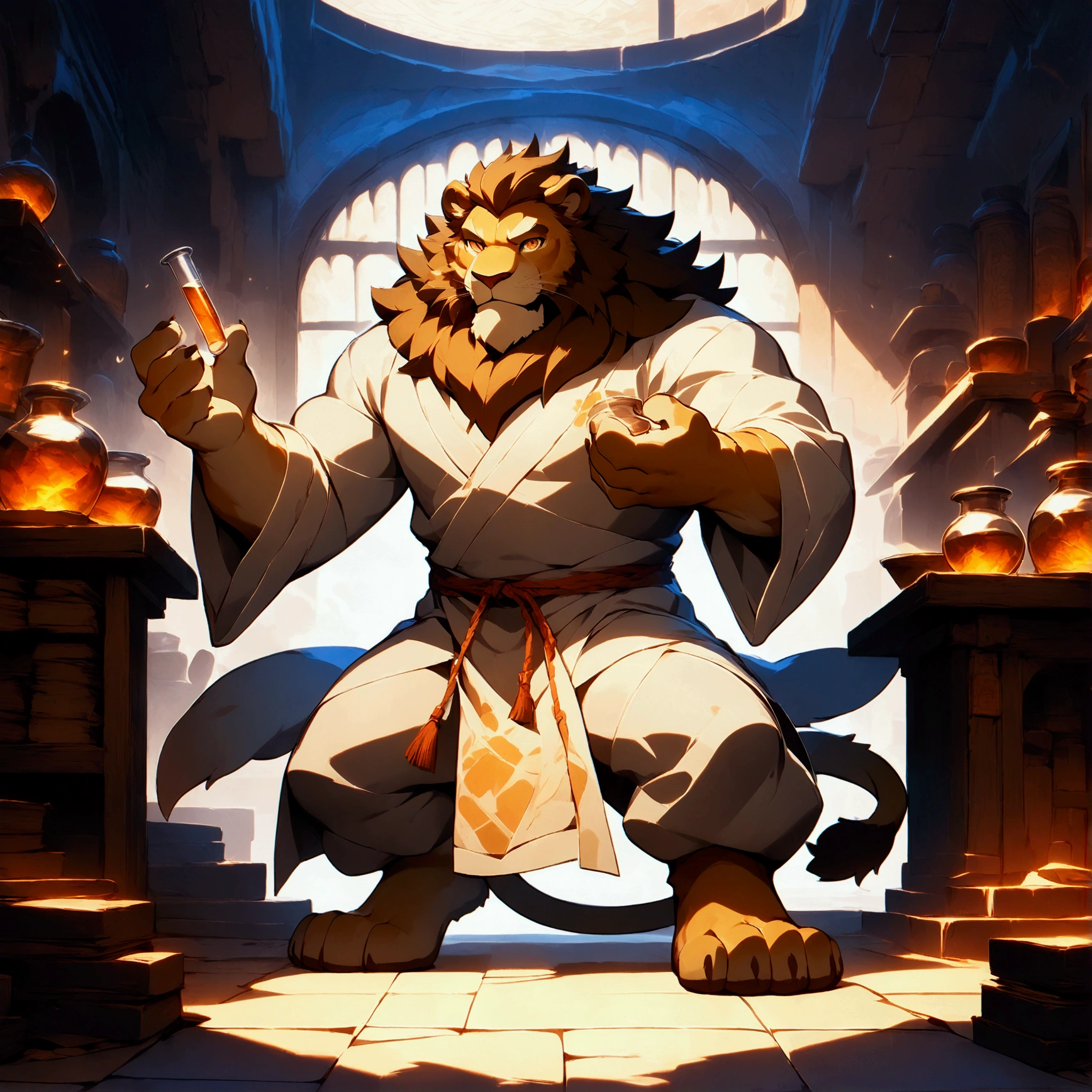 character focus, full body, looking away, dynamic angle, alchemist, a muscular middle-aged lion man, little smile, alchemy robe clothes, shirt, pants, standing, (shaking a test tube), elegant pose, BREAK full body in Michelangelo Buonarroti style, housamo style, digital illustration anime, detailed painting landscape, alchemy shop, indoor, full color, HDR, BREAK complete anatomy, perfect proportions, beautiful thigh gap, fluffy body, intricate fur details, beautiful fur texture, BREAK (a detailed lion 1tail), detailed boots, beautiful foot, BREAK detailed hands, 5fingers, 5fingers nails, BREAK aesthetic anime face, insanity detailed face, male face, big face, square jawline, aesthetic anime eyes, detailed brown eyes, detailed brown cornea, detailed dark brown irises, detailed pupils, male eyes, big eyes, male eyebrows, innocent look, beautiful beard, BREAK masterpiece, official art, best quality, very aesthetic, absurdres, super fine illustration, great quality, BREAK noise reduction, very highres, large filesize, high quality, 32K, 8k wallpaper, dynamic lighting, BREAK insanity detailed, ultra detailed, intricate details, extremely detailed, detailed texture, an extremely delicate and beautiful, BREAK e621 illustration, osukemo, kemohomo, anthropomorphic, furry, cartoon, harmonious body, pastoral face, virtuous eyes, epic atmosphere