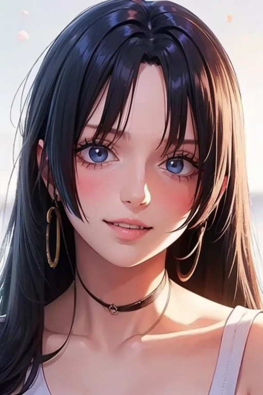 ((Best Quality)), ((masterpiece)), (Detailed), 1 girl, anime, straight hair blue eyes, straight black hair. staring at me