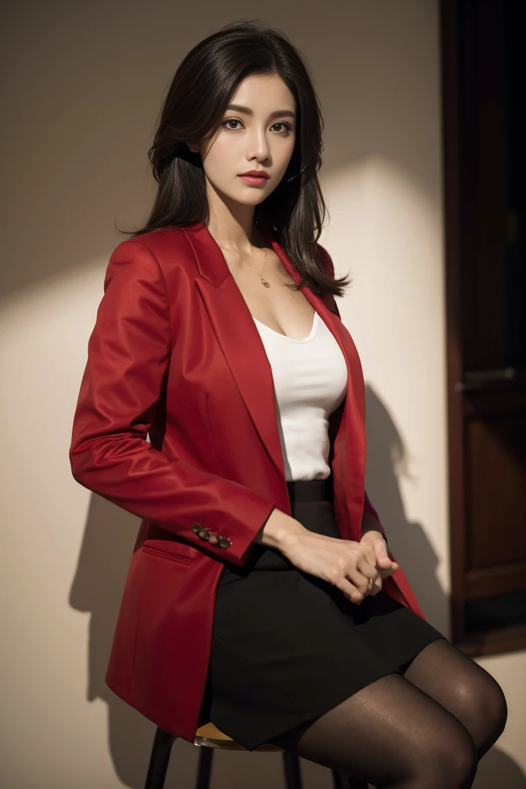 Beautiful girl in red blazer , cleavege