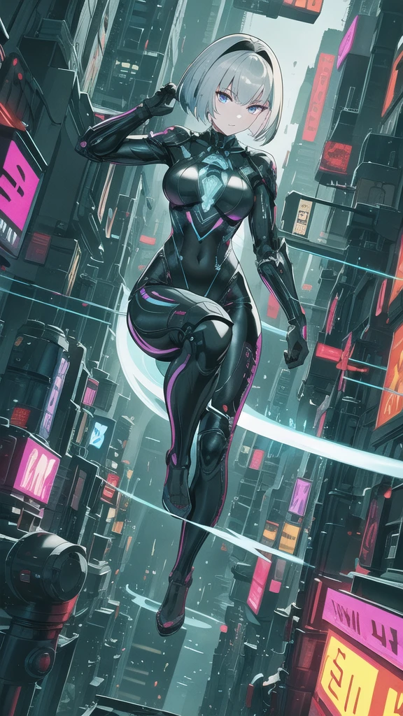  Wearing a Black Machine in a Cyberpunk Suit 、 Beautiful Detailed Silver-Haired Girl ,  Headband , Bob Haircut,  Extremely Detailed Eyes and Lips ,  very detailed face ,  Jumping towards the Camera with a Sword ,  action scene, slim, graceful,   Tied to the back and perfect proportions, Assassin,  Intricate Digital Animation Art , 8k wallpaper, masterpiece, Best Quality,  high definition, Super detailed,  photorealistic , Complex lighting, Spectacle,  Bouncing Towards the Camera , Dazzling Sword Attack , Mysterious Aura,Barking Girl , Overflowing Energy Waves