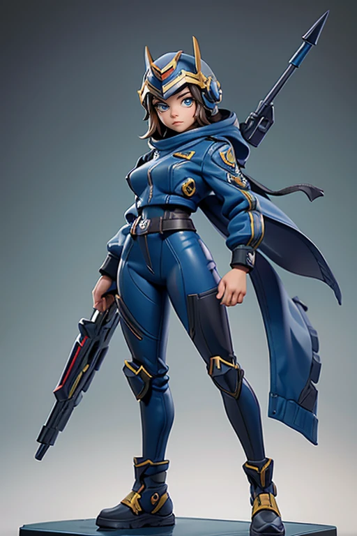 Q version of League of Legends Vi figure, wearing tight pilot's suit and helmet, standing with one hand on hip and legs spread apart, full length view,