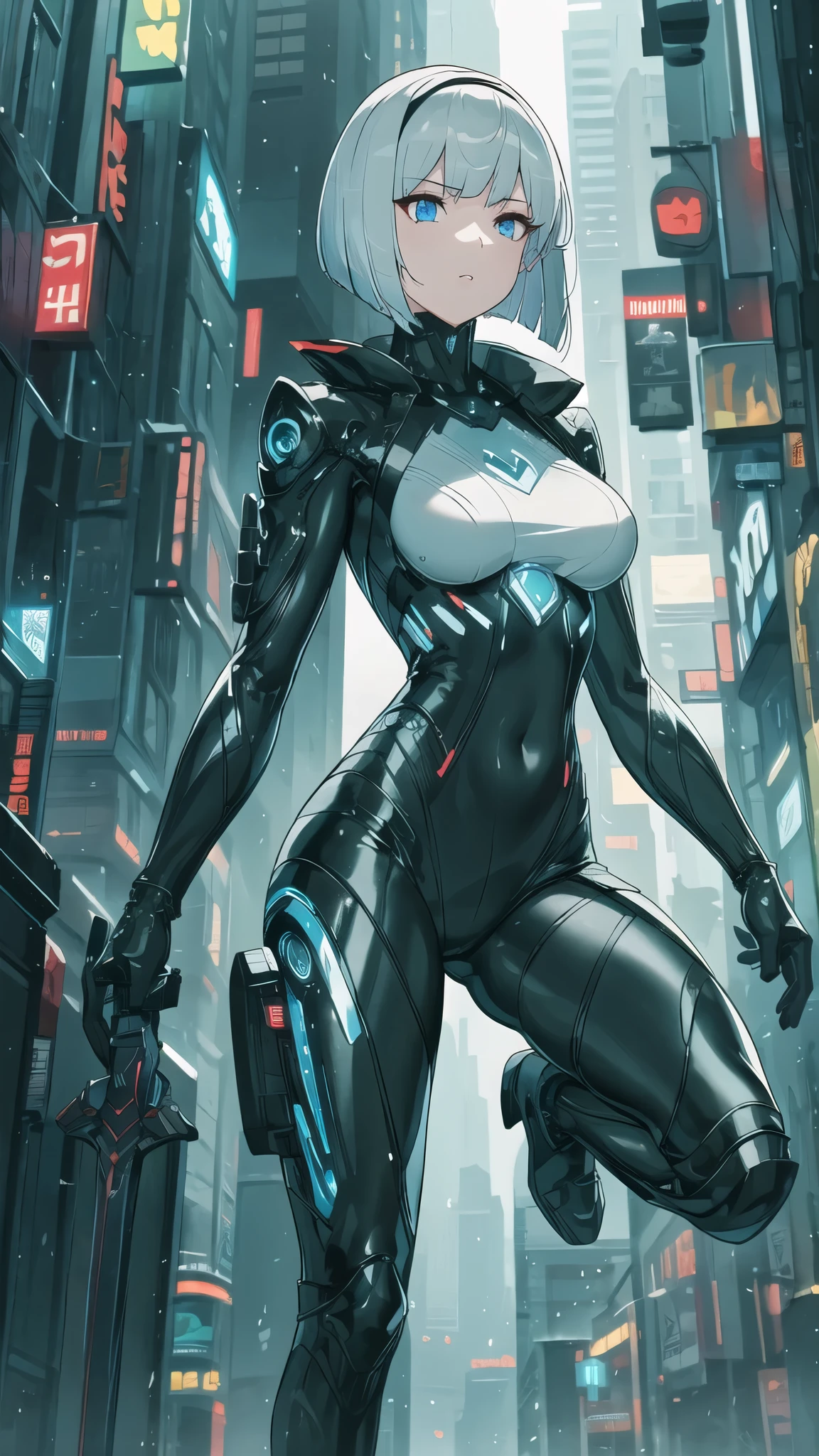  Wearing a Black Machine in a Cyberpunk Suit 、 Beautiful Detailed Silver-Haired Girl , Headband, Bob Haircut,  Extremely Detailed Eyes and Lips ,  very detailed face ,  Jumping towards the Camera with a Sword ,  action scene, slim, graceful,   Tied to the back and perfect proportions, Assassin,  Intricate Digital Animation Art , 8k wallpaper, masterpiece, Best Quality,  high definition, Super detailed,  photorealistic , Complex lighting, Spectacle,  Bouncing Towards the Camera , Dazzling Sword Attack , Mysterious Aura,Barking Girl , Overflowing Energy Waves,up