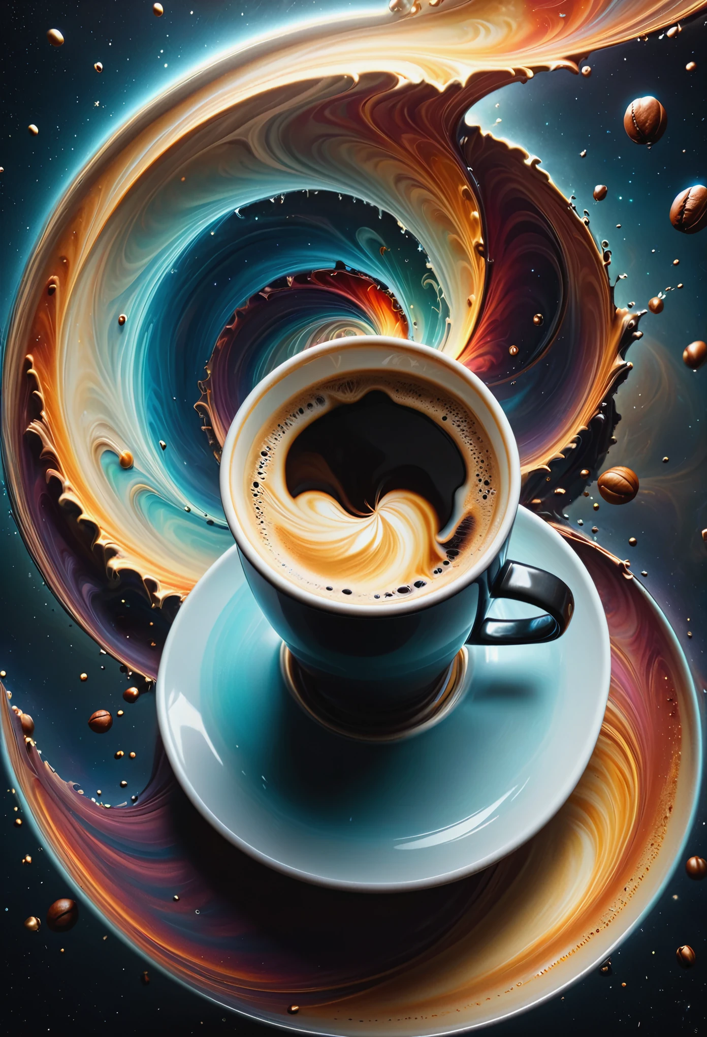 A surreal and abstract image of a coffee concept, where a coffee cup is designed in the shape of an non-Euclidean spiral planes, defying gravity. The coffee inside the cup is swirling in a hypnotic pattern, symbolizing quantum entanglement. The background is ethereal and dreamlike, with soft, pastel colors and subtle geometric shapes that suggest a blend of modern art and science fiction. The overall scene is enigmatic and thought-provoking, merging elements of the ordinary (a coffee cup) with the extraordinary (quantum physics and inverted geometry) studio photo aesthetics, highly detailed, dramatic lighting., neon ambiance, abstract black oil, gear mecha, detailed acrylic, grunge, intricate complexity, rendered in unreal engine, photorealistic.