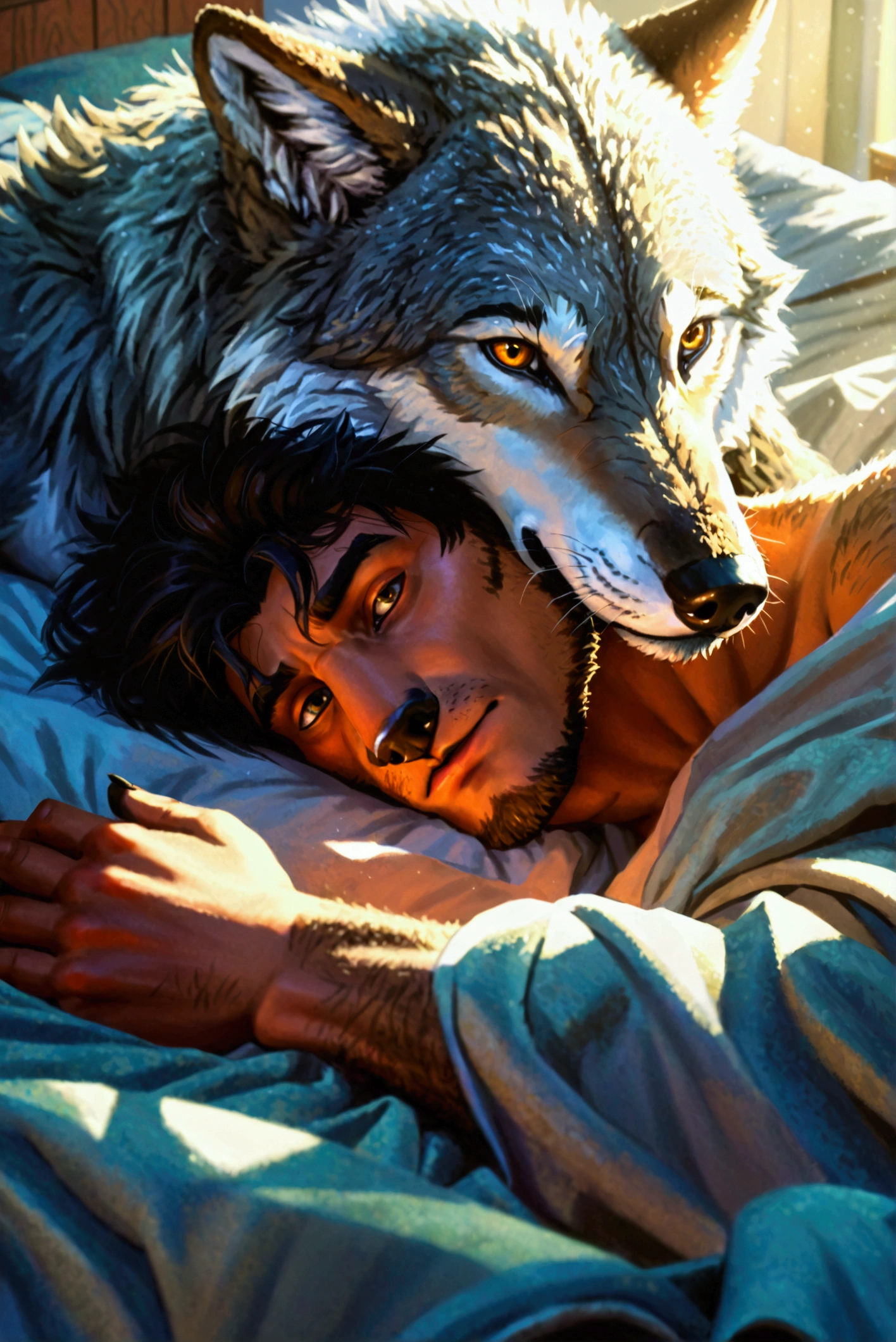 one wolf man is laying on the bed in his bedroom. the wolf is like a man.