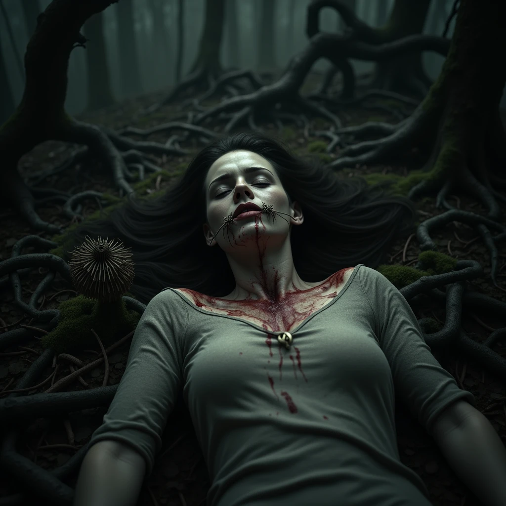 mutilated woman, with her throat ripped out, dead on the ground next to a gloomy forest, her body was found in pieces