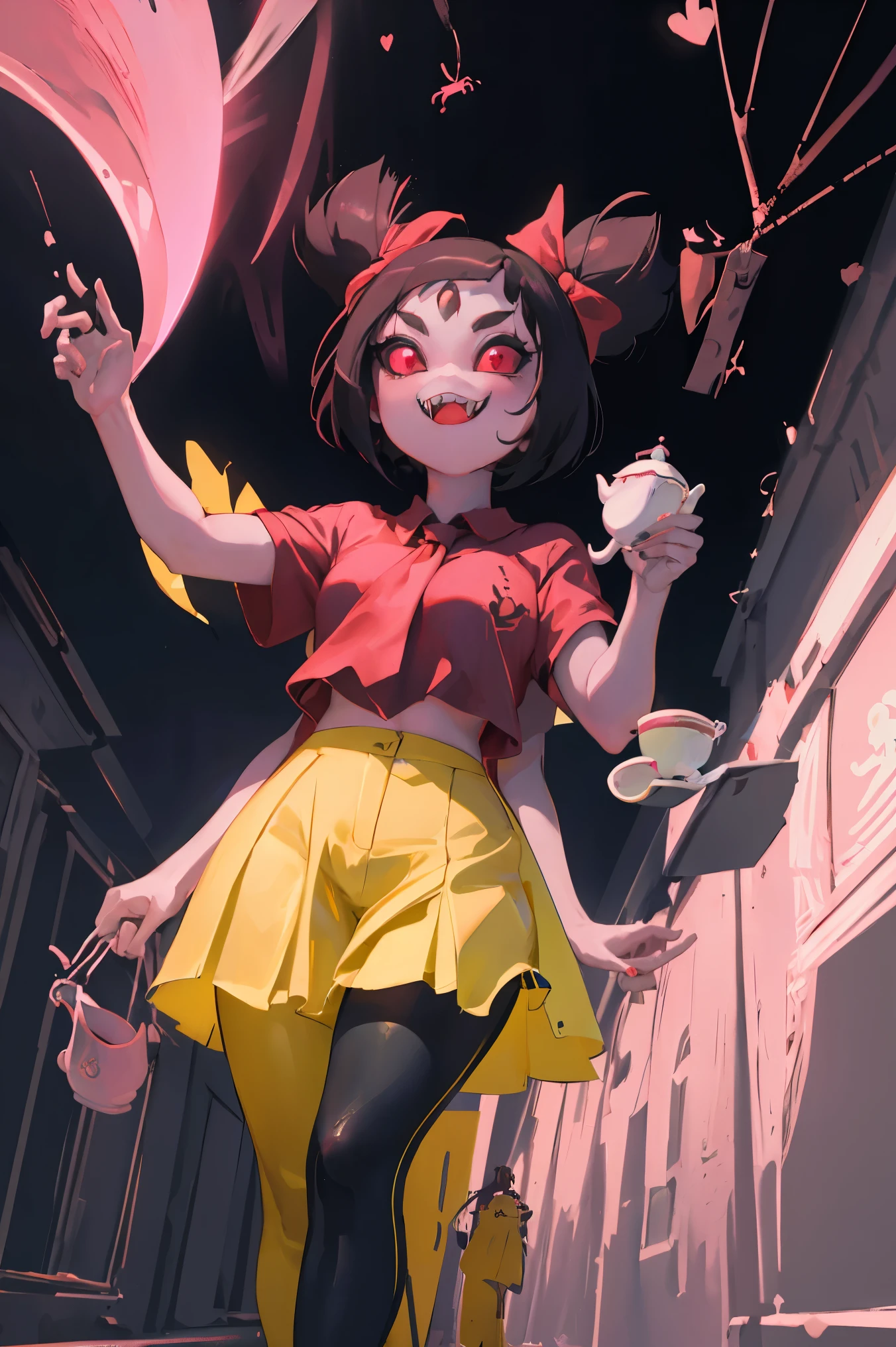 (extreme detail)),(ultra-detailed),(painting), chiaroscuro, extremely detailed CG unity 8k wallpaper, best quality, high quality, high resolution, vivid color sketch, detailed, best quality, 8K, 12), high contrast, sharpness, studio lighting, ultra fine painting, sharp focus, extremely detailed, 8K, very high quality, masterpiece, score_9, score_8_up, score_7_up, score_6_up, score_5_up, score_4_up, questionably rated anime, masterpiece, best quality, perfect anatomy, very aesthetic, absurd, solo, 1girl\(muffet, cute, monster girl, purple skin, humanoid, arachnid, anthropomorphic, (fangs), ponytails, hair bow, 5 eyes, spider girl, 6 arms, 6 hands, black sclera, red eyes, evil grin, dress, cute spider webs, tight red shirt, pink ribbon tie, tight pink pants, , second teapot, holding tea, pouring tea into a teacup, black arm cover, tights black,\), lower part, arms, thighs, bare, wide hips, big thighs. (plain gray background)., colorful, vibrant colors, high contrast.