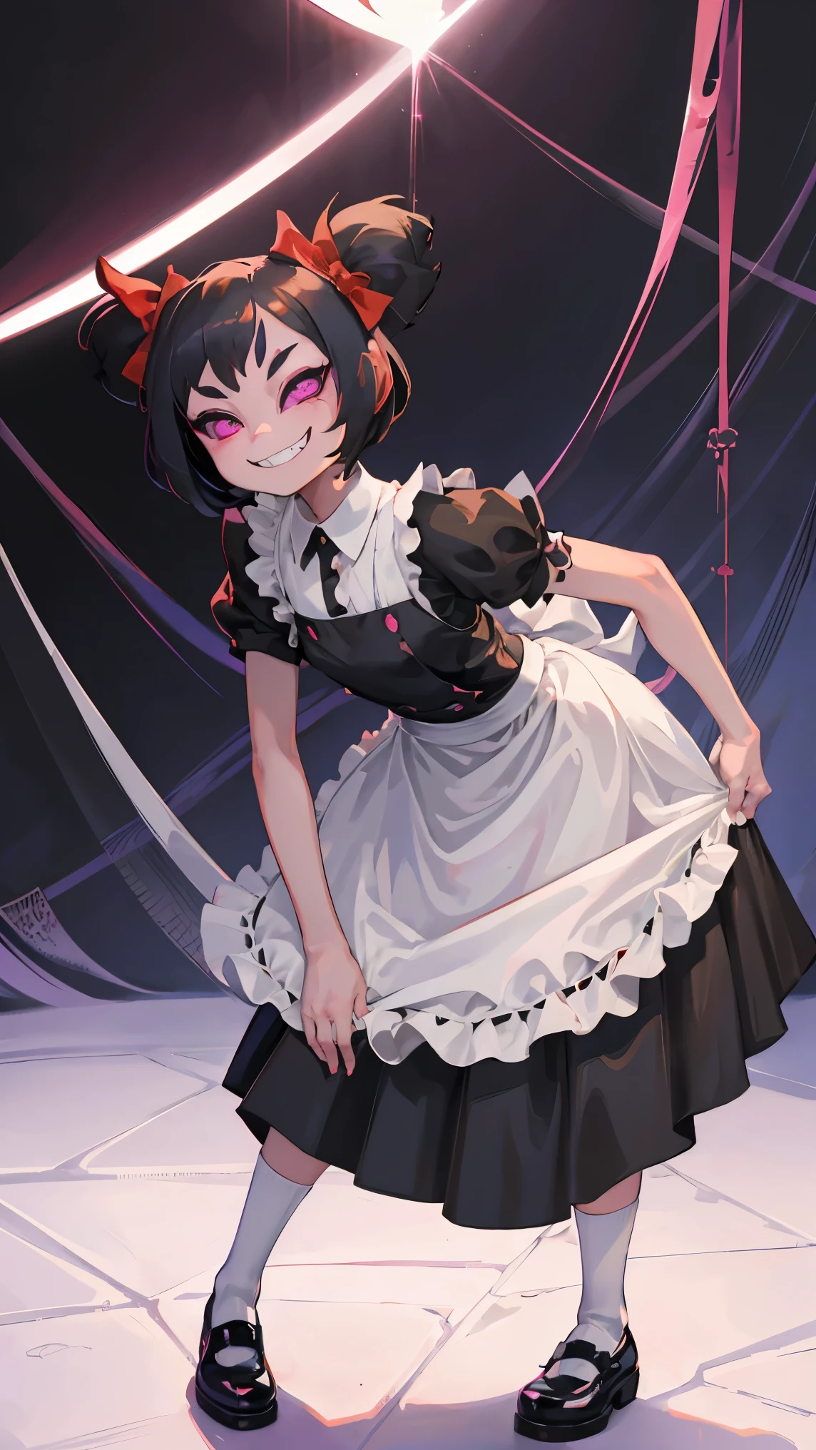 (8K、Highest image quality、highest quality、masterpiece)、detailed face、 1 girl、muffet, cute, monster girl, purple skin, humanoid, arachnid, anthropomorphic, (fangs), ponytails, hair bow, 5 eyes, spider girl, 6 arms, 6 hands, black sclera, red eyes, evil grin, dress, cute spider webs, black hair、twintails、blunt bangs、gray eyes、evil smile、((grin))、small breasts、white brim、((maid))、short sleeve、apron、white socks、shoes、whole body、put your hands on your hips、((bent over:1.3))、luxury room background