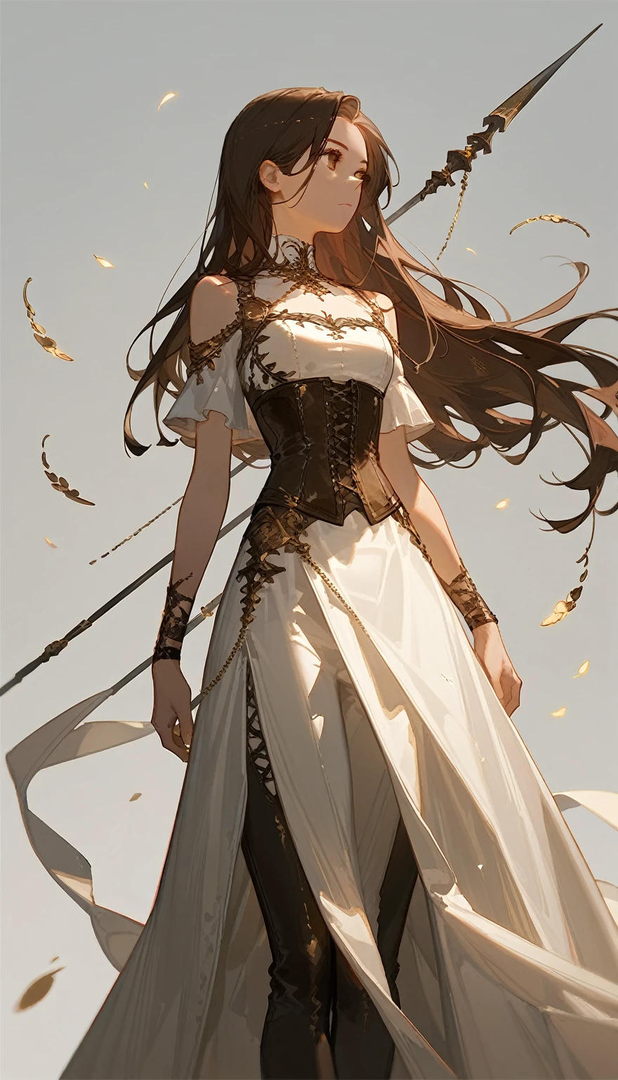 1girl, dark brown hair, long hair, brown eyes, look away, white dress, dress to the knee, dress by the shoulder, leather corset, single slit dress, gold embroidery bottom part of the dress, black long pants, pants under dress, holding spear