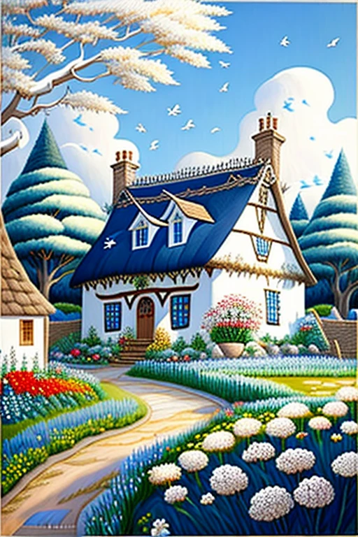 traditional house painting in medieval England 、Fairy tale、Vivid picture、Bright white house 、 The contrast between the brown and white walls in the timber frame is beautiful。English thatched cottages、Flowers surrounding the house 々、 The hill that extends beyond the backyard 、 I can see sheep the size of a sesame seed in the distance。 Bright Blue Skies 