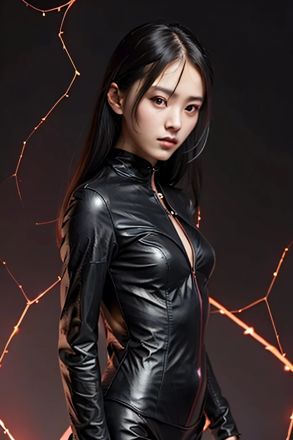 full body picture, 1 girl,8 legged girl, student girl, Japanese cute girl, 18 years old, black hair, long hair, No background, (pink bikini:1.1), ((wearing black leather suit, realistic leather suit, black leather suit)),Detailed lighting、 Best image quality、Ultra-high resolution、(realism:1.4)、A body that makes you want to touch it、Realistic leather texture、Costume made of smooth leather fabric、The drape of the curved parts of the leather fabric、Quality of the costume、8K Photo Quality