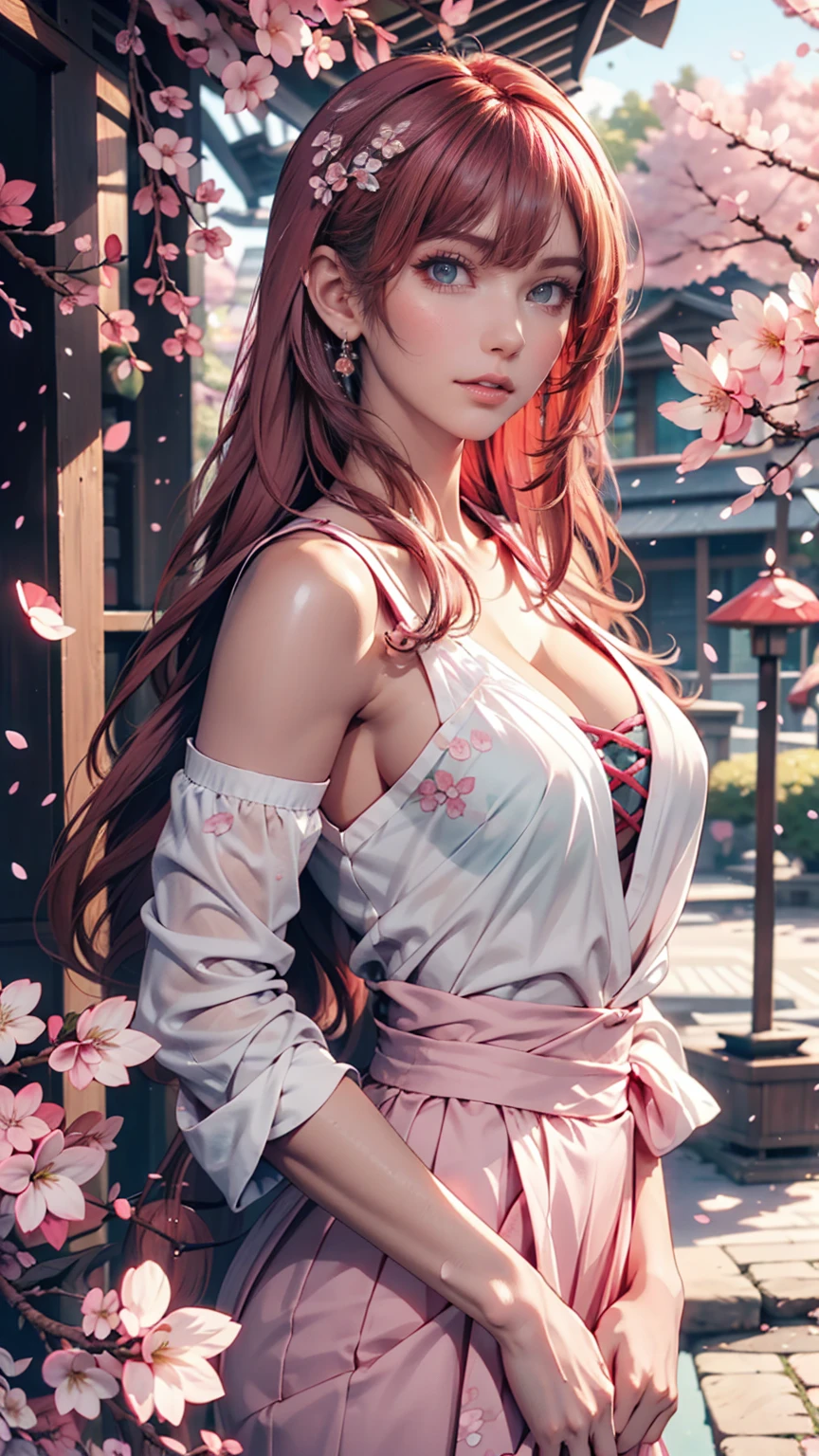 A girl with pink hair and green eyes poses for a photo shoot, Spring Cherry Blossoms,   Best Anime 4k Conachan Wallpaper  ,  charming anime girl ,  Kitagawa Marin Fanart, Cherry blossom petals around her, Anime Splash Art  , Anime Style 4k,   captivating anime girl  ,   high quality anime art style  ,  Detailed Anime Art , Anime Wallpaper,  Anime Best Girl 