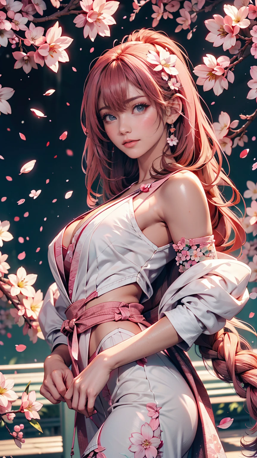 A girl with pink hair and green eyes poses for a photo shoot, Spring Cherry Blossoms,   Best Anime 4k Conachan Wallpaper  ,  charming anime girl ,  Kitagawa Marin Fanart, Cherry blossom petals around her, Anime Splash Art  , Anime Style 4k,   captivating anime girl  ,   high quality anime art style  ,  Detailed Anime Art , Anime Wallpaper,  Anime Best Girl 