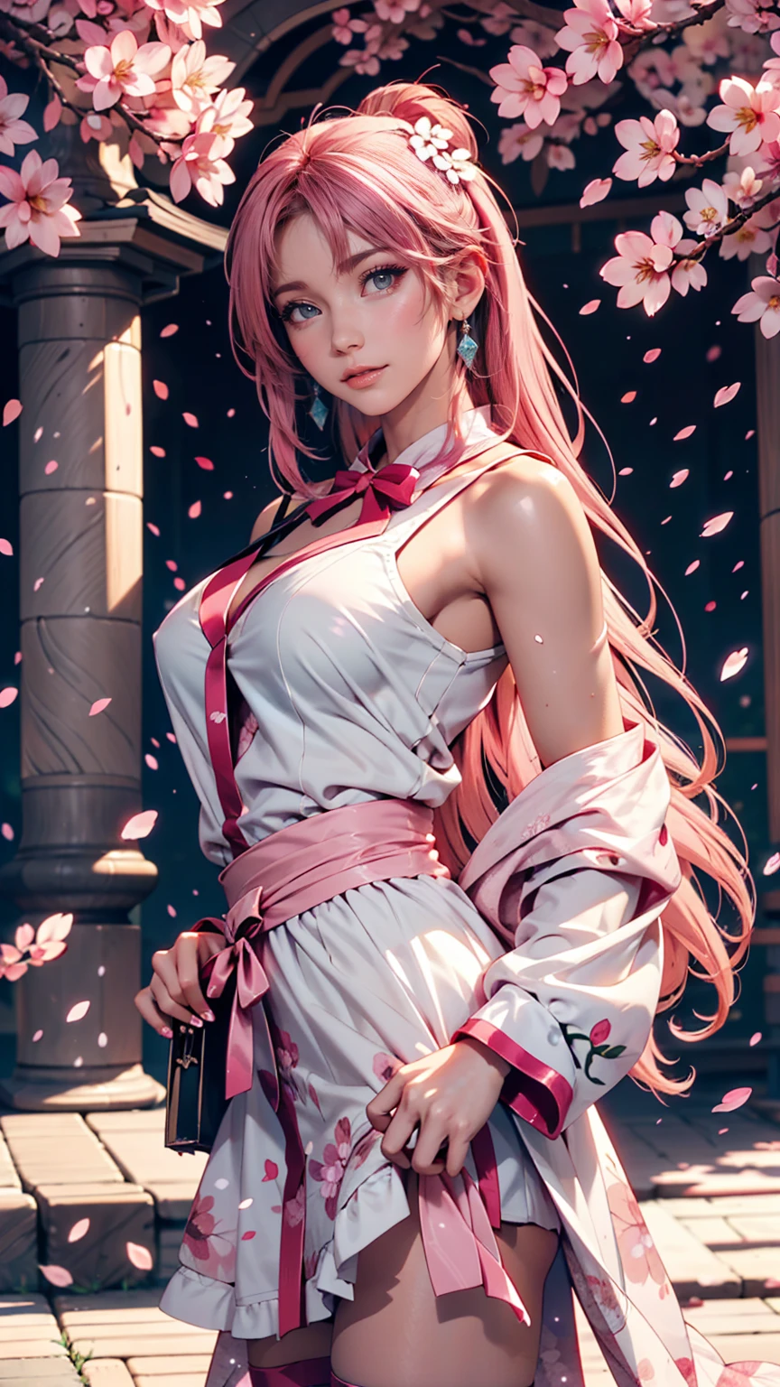 A girl with pink hair and green eyes poses for a photo shoot, Spring Cherry Blossoms,   Best Anime 4k Conachan Wallpaper  ,  charming anime girl ,  Kitagawa Marin Fanart, Cherry blossom petals around her, Anime Splash Art  , Anime Style 4k,   captivating anime girl  ,   high quality anime art style  ,  Detailed Anime Art , Anime Wallpaper,  Anime Best Girl 