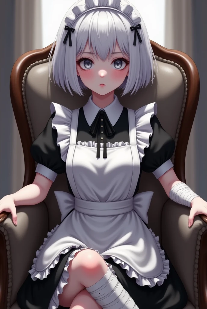 1girl, apron, armchair, bandaged arm, bandaged leg, bandages, bangs, black dress, black footwear, blush, bow, chair, closed mouth, collared dress, couch, dress, frilled apron, frills, full body, grey eyes, juliet sleeves, kneehighs, long sleeves, looking at viewer, maid, maid apron, maid headdress, on chair, parted lips, puffy sleeves, short hair, silver hair, sitting, solo, waist apron, wheelchair, white apron,Short white hair