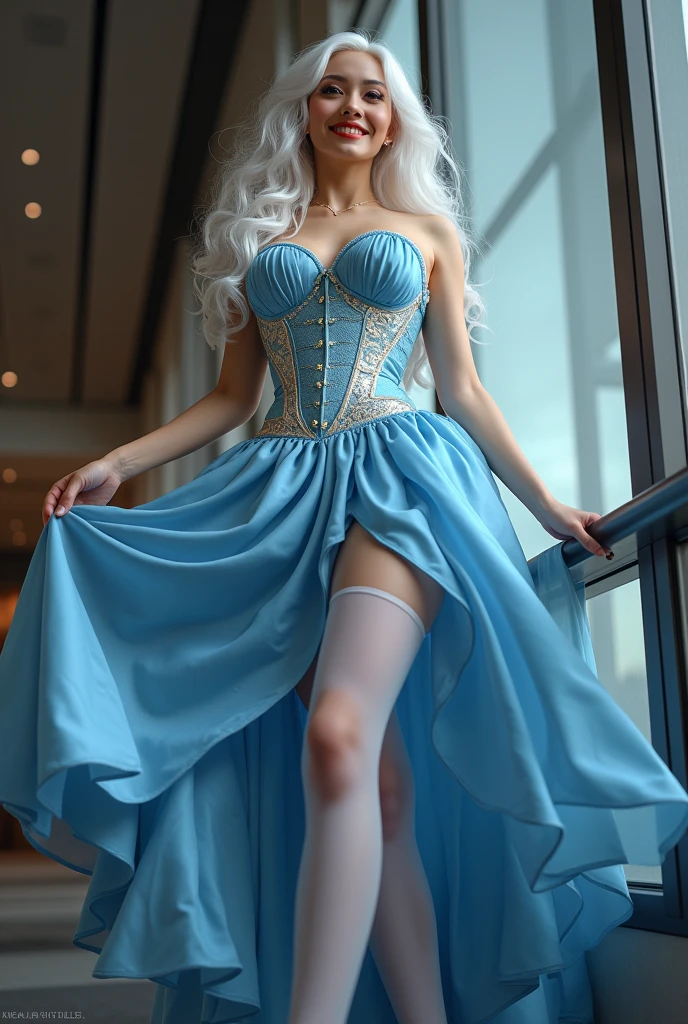 Full body girl in princess dress, 8k bright light blue. On the castle stairs ballroom With a delicate and beautiful face.