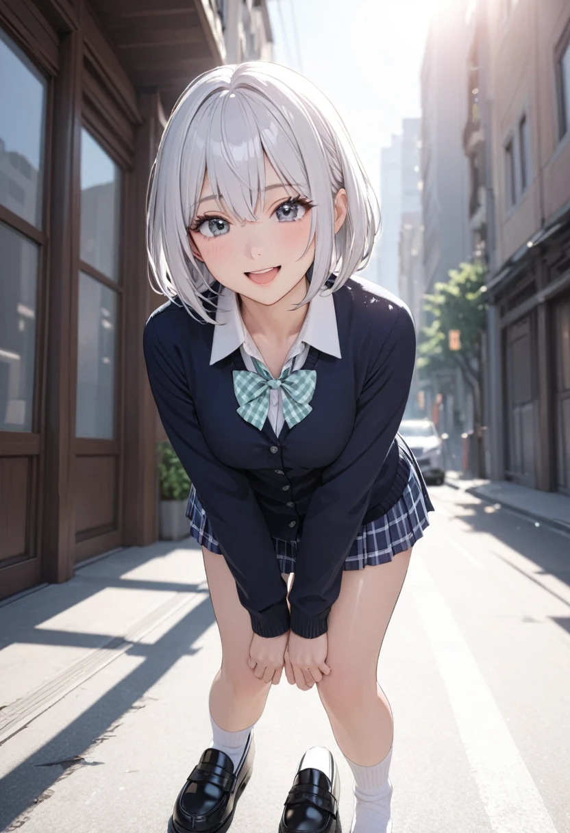 1 Japanese girl, ((shiny silver hair)), bob cut, bang between eyes, beautiful hair), (glossy silver eyes:1.5), (beautiful eyes, twinkle eyes, large eyes), (athlete body, large breasts), cute face, beautiful face, pretty face, beautiful, good anatomy, long eyelashes, expressive eyes, Perfect Hands, happy, smile, glossy pink lips, perfecteyes, BREAK 1girl, cute school uniform, outerwear is (dark navy cotton cardigan), closed front, long sleeves, (button-up:1.3), dark navy tops, innerwear is white collared shirt, (light blue gingham plaid ribbon on neck), light blue gingham plaid pleated skirt, mini skirt, mint-green pin striped pantie, white socks, loafers, holding a black school bag, BREAK 1girl, morning, sunny, daylight, city, street, standing, leaning forward, bend down, hands on knees, (close eyes), open mouth, laugh, happy, BREAK Sketch, UHD, retina, masterpiece, high details, high quality, super detail, best quality, highres, 4K, 8k, cute, beautiful, full body detailed, 32K, high details, perfect lighting, perfect anatomy, sharp outline, high definition, extreme illustration, ambient lights, soft light, she has an anatomically correct structure and has five fingers on each of her right hand and left hand,