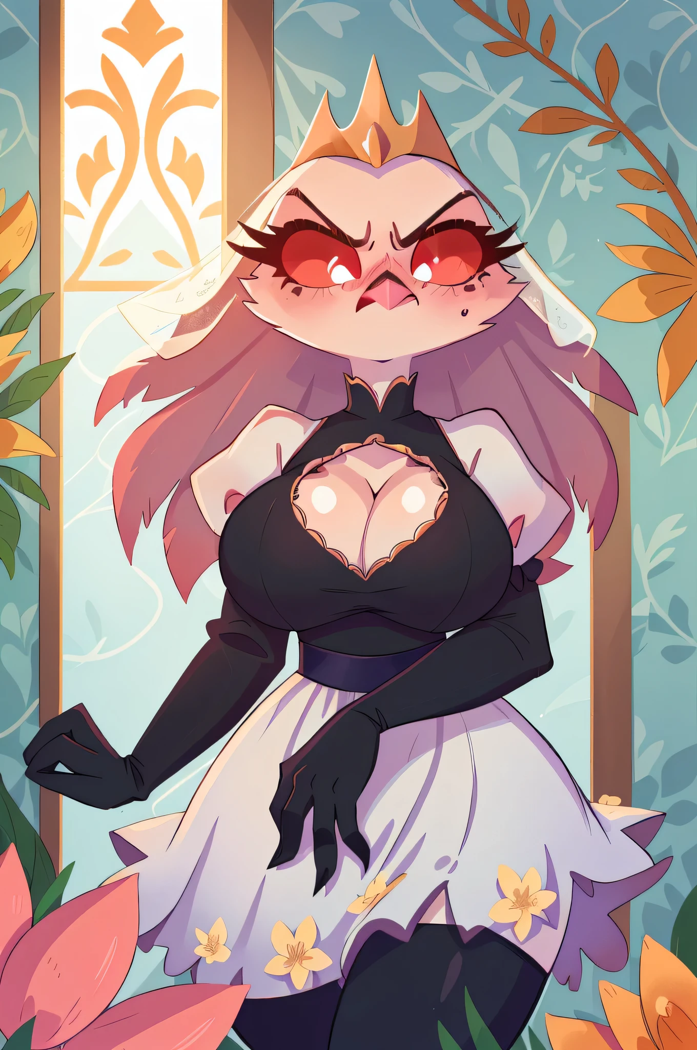 mole under mouth, clothing cutout, long sleeves, puffy sleeves, juliet sleeves, feather trim, black thighhighs, black gloves, Wedding dress stella, owl, wide hips, crown, large breast, mole on breast, angry, blushing, embarrassed, solo, one female, wallpaper, flowers, holding flowers, church ((perfect hands:1.2)), ((4k, 8k, highly detailed)), (High definition) ((High definition, HD)), front view, split in dress, leg showing, visible crotch, close up, bust shot, cleavage, flowers in hands, stella looking away, looking away from you, white eyes, red Sclera, head tilted away, sexy dress, big breasts, busty, cleavage, thigh, short skirt, sexy