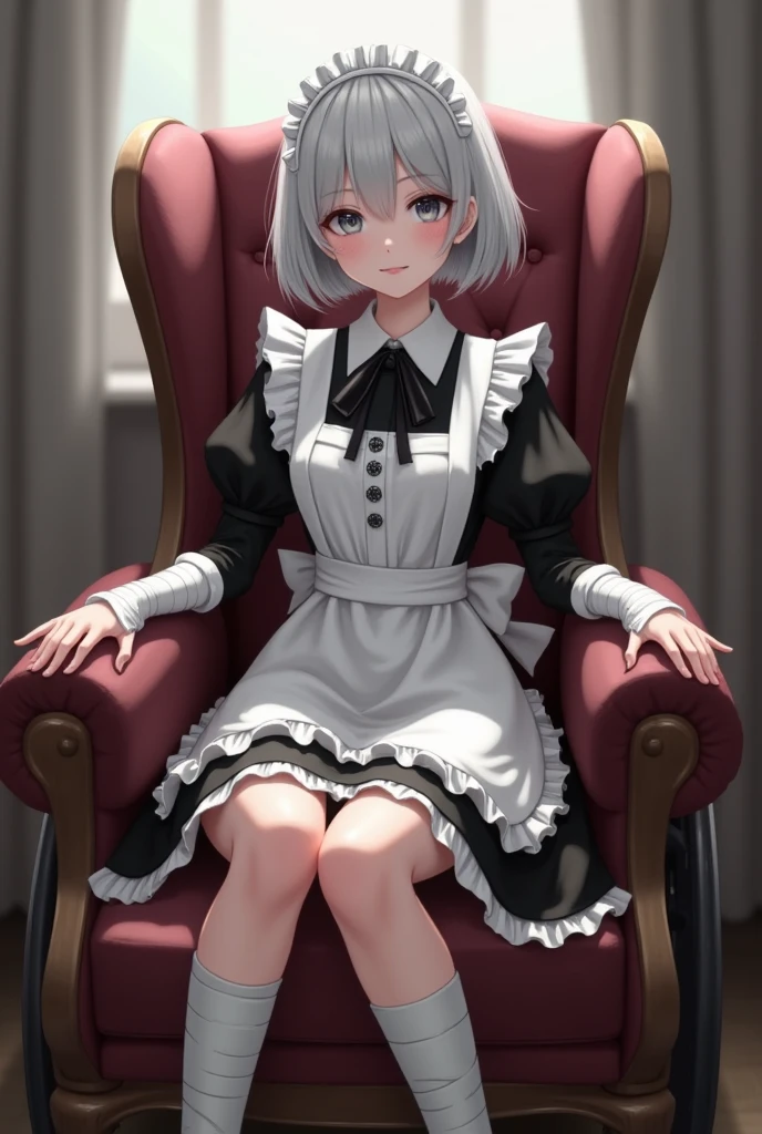 1girl, apron, armchair, bandaged arm, bandaged leg, bandages, bangs, black dress, black footwear, blush, bow, chair, closed mouth, collared dress, couch, dress, frilled apron, frills, full body, grey eyes, juliet sleeves, kneehighs, long sleeves, looking at viewer, maid, maid apron, maid headdress, on chair, parted lips, puffy sleeves, short hair, silver hair, sitting, solo, waist apron, wheelchair, white apron,Short white hair