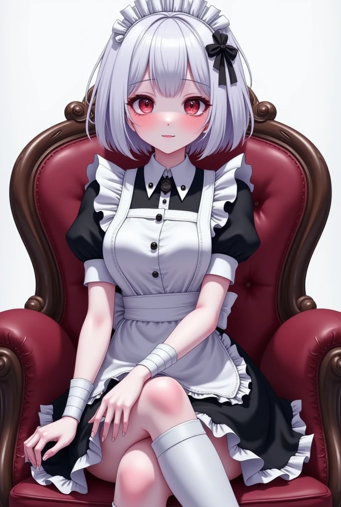  close-up of a woman in a white dress sitting on a chair, anime girl in a maid costume, maid outfit, maid dress, gorgeous maid, Wearing a skirt, maid, anime cat girl in a maid costume, wearing maid uniform, Clear and detailed anime illustration , anime maid nazi ss military,  sitting on her throne , 8k HD High Quality Detailed Images 