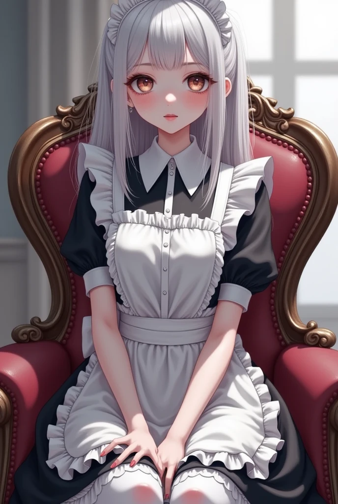  close-up of a woman in a white dress sitting on a chair,  anime painting inspired by Knight Lee, pixiv, Rococo, anime girl in a maid costume, maid outfit, maid dress, gorgeous maid, Wearing a skirt, maid, anime cat girl in a maid costume, wearing maid uniform, Clear and detailed anime illustration , anime maid nazi ss military