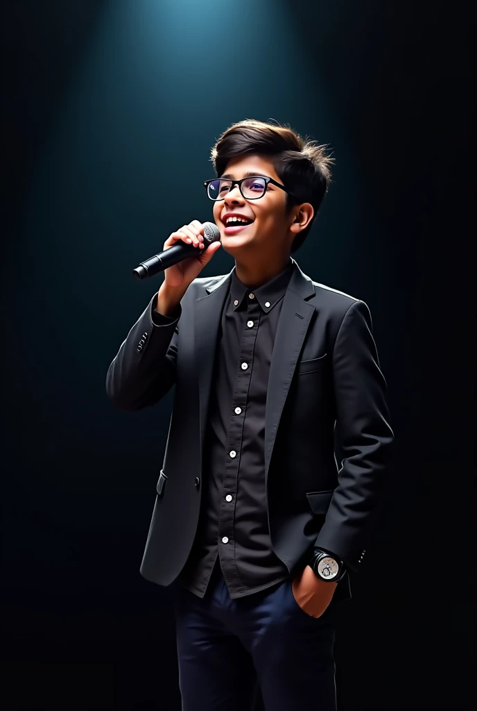 An Indian boy performing pop music, dressed in stylish traditional attire and holding a microphone. He is smiling and energetically engaging with his music. The background is solid black to highlight his vibrant presence and dynamic performance, perfect for showcasing a pop music theme."