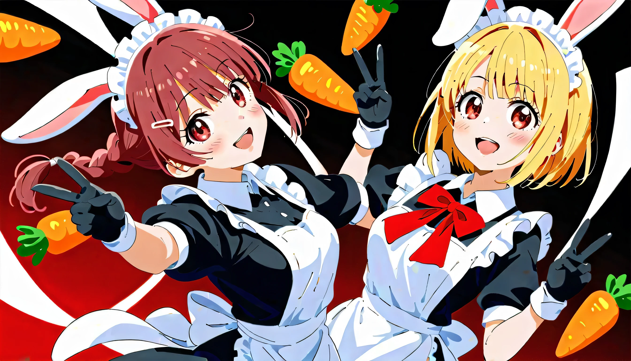 3Girl, multiple girls, (center girl,yuki mio, Her name is Yuki mio,   idol wars z  ,Blonde, blunt bangs, medium bob Hair, side hair,straight hair, very kind, Polite , competent, hair covered ears, breast,Voluminous sideburns ,hide ear,brown eye,tareme eye, Droopy eyes,maid clothes, blue maid dress, white apron, blush),BREAK,(left girl, Usada_Pekora, pekochan_nml,1girl,animal ears,long hair,rabbit ears,gloves,pantyhose,carrot hair ornament,blue hair,hair ornament,food-themed hair ornament,twin braids,animal ear fluff,black gloves,braid,white hair, open mouth,close one eye,big smile,peace sign hand,)BREAK,(right girl,oshi no ko,arima kana, red hair, bob hair, red eye, school outfit),BREAK, seaart header, background: The placard says "namit"