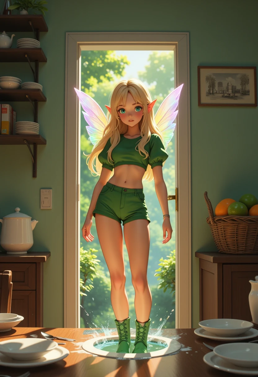 Super realistic illustration, Detailed Fantasy art, Cinema 4D rendering, 1 elven girl, solo, full body, A small white door with the door frame suddenly appears on the dining table. It is a Portal to Another Dimension. The door opens and a Miniature elf steps out. The Miniature elf with transparent wings that shine with the rainbow color is looking up at the camera. From above. long blonde hair, Azure big eyes. green short puff sleeve cropped shirt, green low rise shorts that expose the groin, green lace-up boots, There are dishes and a fruit basket on the table. The background is an everyday kitchen scene. cinematic lighting, perspective