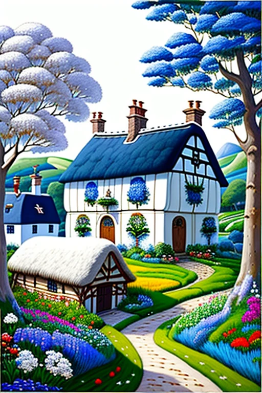  traditional house painting in medieval England 、Fairy tale、Vivid picture、Bright white house 、 The contrast between the brown and white walls in the timber frame is beautiful。English thatched cottages、Flowers surrounding the house 々、 The hill that extends beyond the backyard 、 I can see sheep the size of a sesame seed in the distance。 Bright Blue Skies  