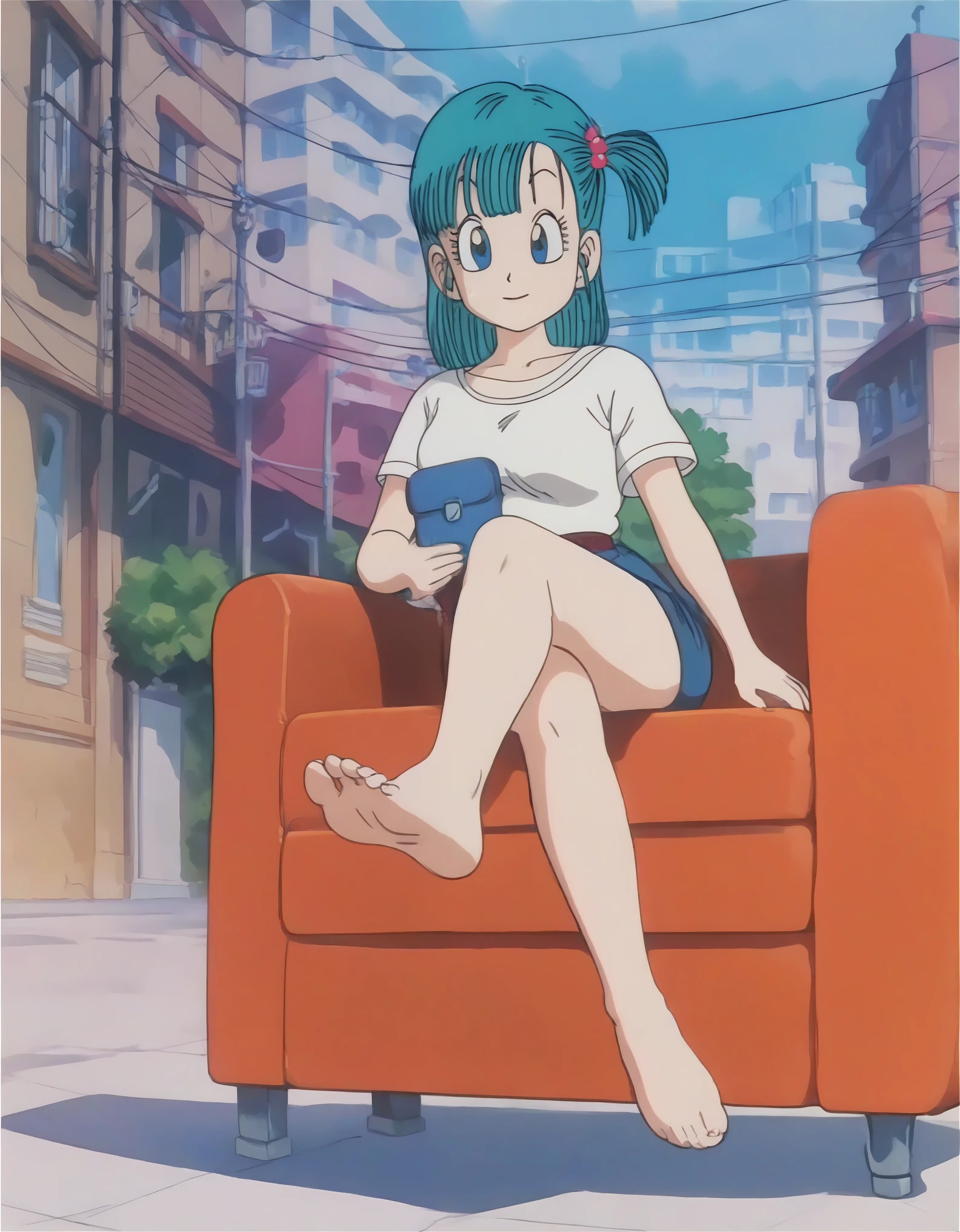 source_anime, score_9, score_8_up, score_7_up, anime screencap,8k, absurd res, 
bulma, 1girl, solo, short hair, blue hair, official style, white undershirt, barefoot, soles, 
from below, foot focus, sitting on a chair, flower,  building, outdoors, crossed legs, 
 