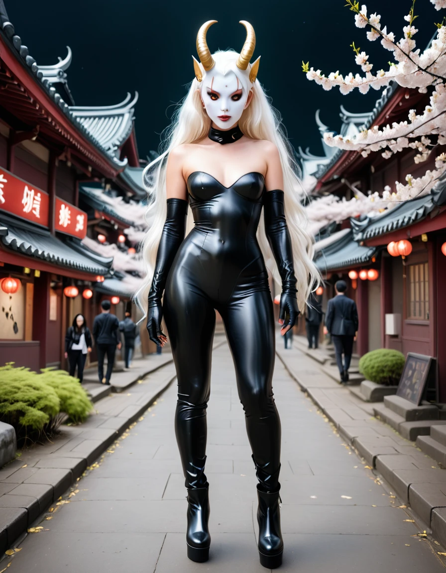 Pinhole photography, Realistic animation, Wide angle effect , Little Golden Horned Succubus Lady、（Succubus Tail：1.3）、Wearing a white mask（1.2）、 golden eyes （1.3），White Hair、Cherry blossoms、（White short-sleeved T-shirt：1.3）、（Black leather trousers：1.2）、 put her hands in the coat pocket  ,  black boots , Overlooking the earth , From above,  focus on the face and eyes ,  super detailed,  Line Art ,style,ladder,platform,Astral Body , Multiple roles , Different roles , character design ,Terrifying and bloody, Signs of Death  ,  Very detailed,More details,  Smooth and Smooth Brushstrokes  , Shining neon lights ,City Skyline,Planetarium , dynamic posture,Single focus