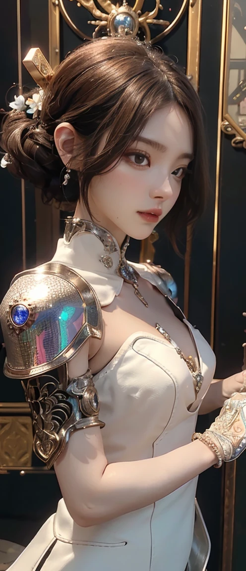 ((masterpiece))), ((best quality))), ((Extremely detailed)), (Hyperreal), (Highly detailed CG illustrations), light, Practical, very beautiful young lady, (Beautiful face and lips), Intricate details, Full view, arms, Robotic Arm, Cinema quality, whole body, Black short hair
