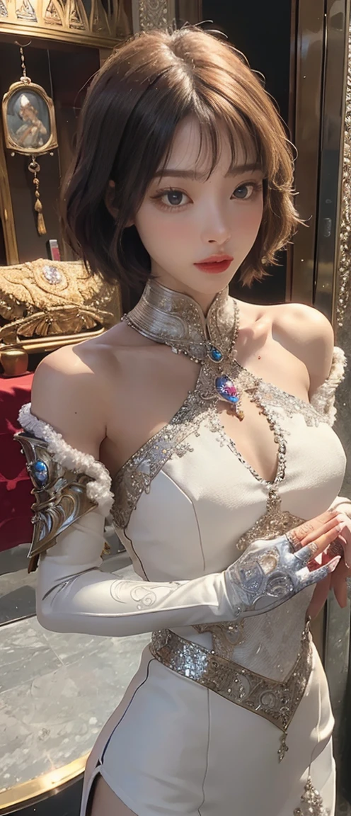 masterpiece,  high quality, 3d, ,  intricate details,  detailed background , sacred. decoration,  by Dylan Kowalski, (( 1 girl)),  upper body, Muscular,  skin pattern , Look to the side,  short hair, prosthetic limb, Mechanical Arm, Synthetic Skin , porcelain, Pearl,  Holographic , titanium,  diamonds , Ruby, sapphire, gem, Clockwork, Grunge,  Worn Edges , armor,