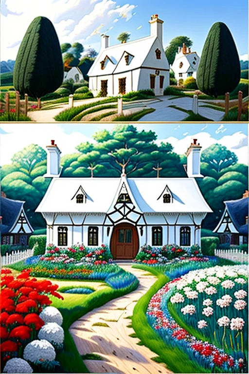  traditional house painting in medieval England 、Fairy tale、Vivid picture、Bright white house 、 The contrast between the brown and white walls in the timber frame is beautiful。English thatched cottages、Flowers surrounding the house 々、 The hill that extends beyond the backyard 、 I can see sheep the size of a sesame seed in the distance。 Bright Blue Skies  